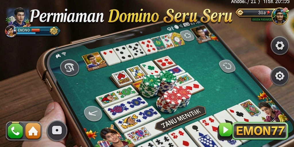 Screenshot EMON77 menampilkan gameplay seru permainan Domino.