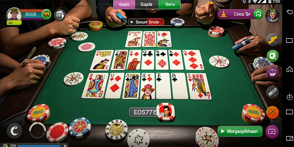 Screenshot gameplay EOS77 menampilkan suasana seru permainan Gaple.