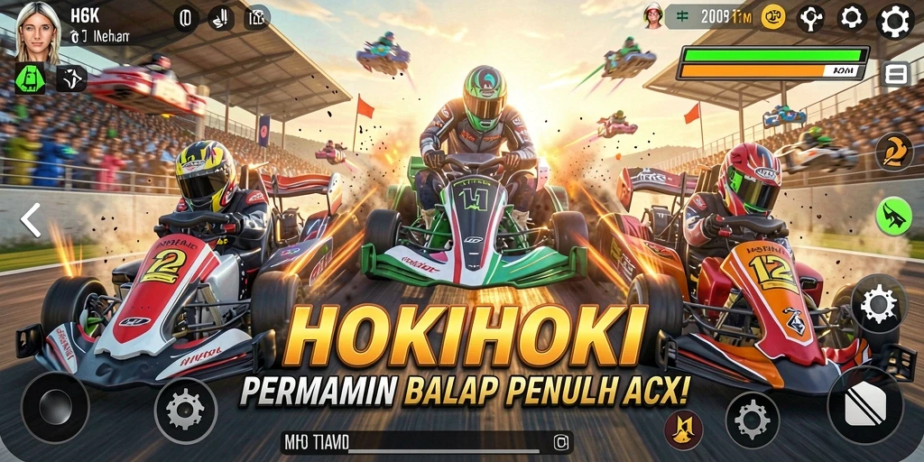Tampilan utama HOKIHOKI menampilkan aksi balap yang mendebarkan dan kendaraan yang beragam.