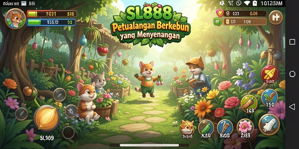 Screenshot SL888 menampilkan kebun luas dengan tanaman yang rimbun.